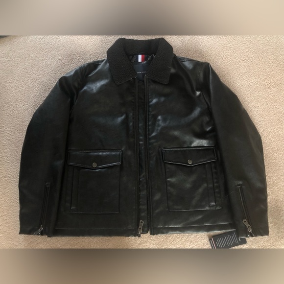 Tommy Hilfiger Faux Leather Jacket Lined Full Zip Coat Black Sz XXL - Picture 6 of 6